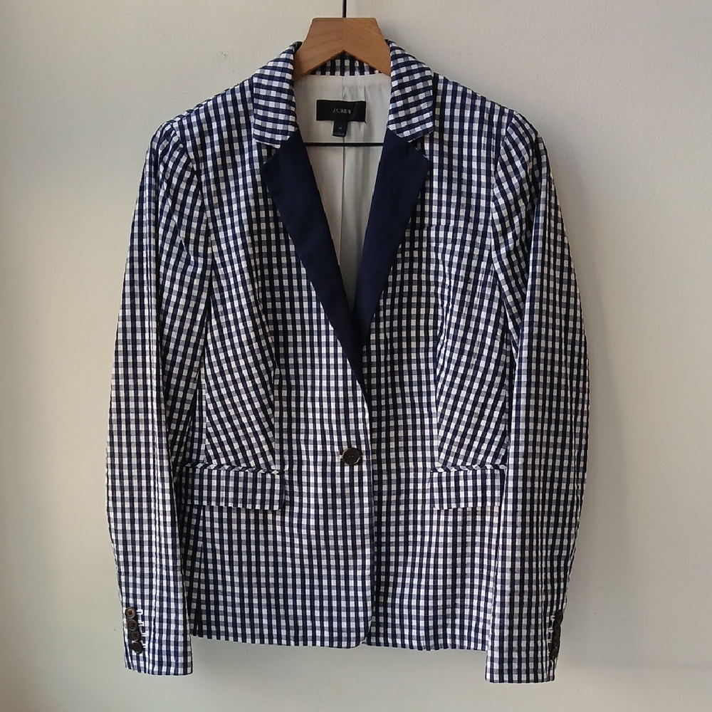 J. Crew Gingham Blazer Navy Blue Women's 10